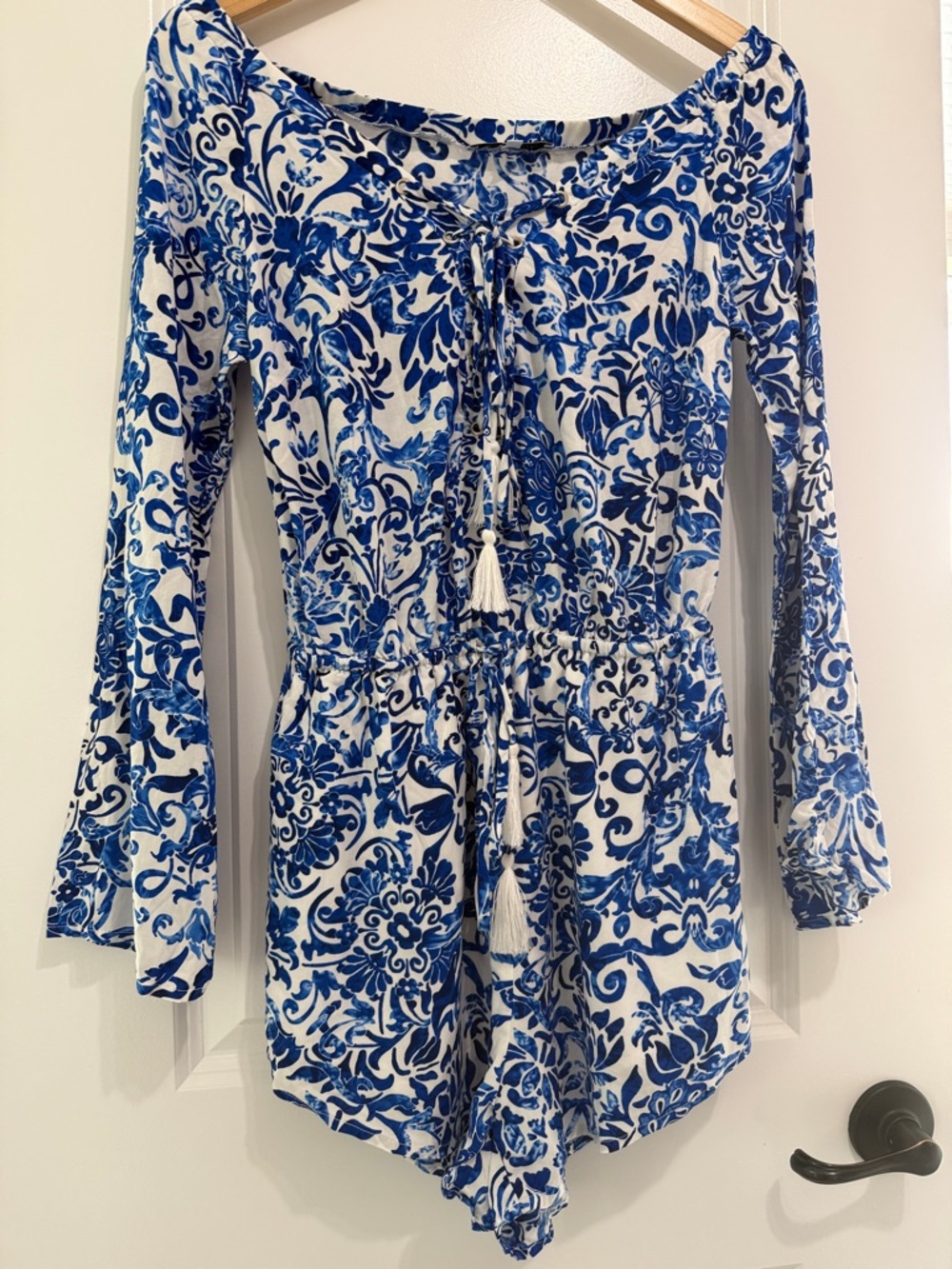 Small Long Sleeve Olivaceous Toile Print Women’s Romper